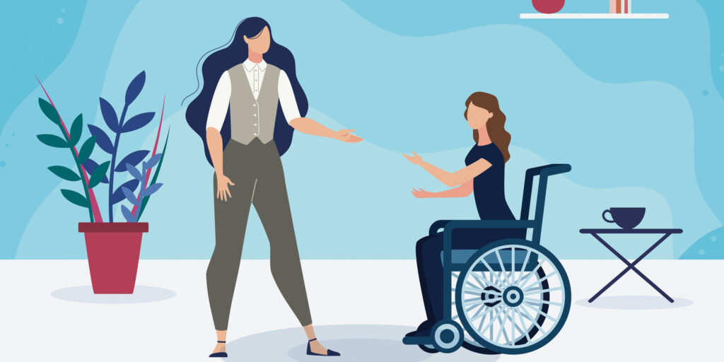 drawing of two women one in a wheel chair the other standing up.