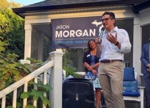 Jason Morgan gives a campaign speech in Michigan.