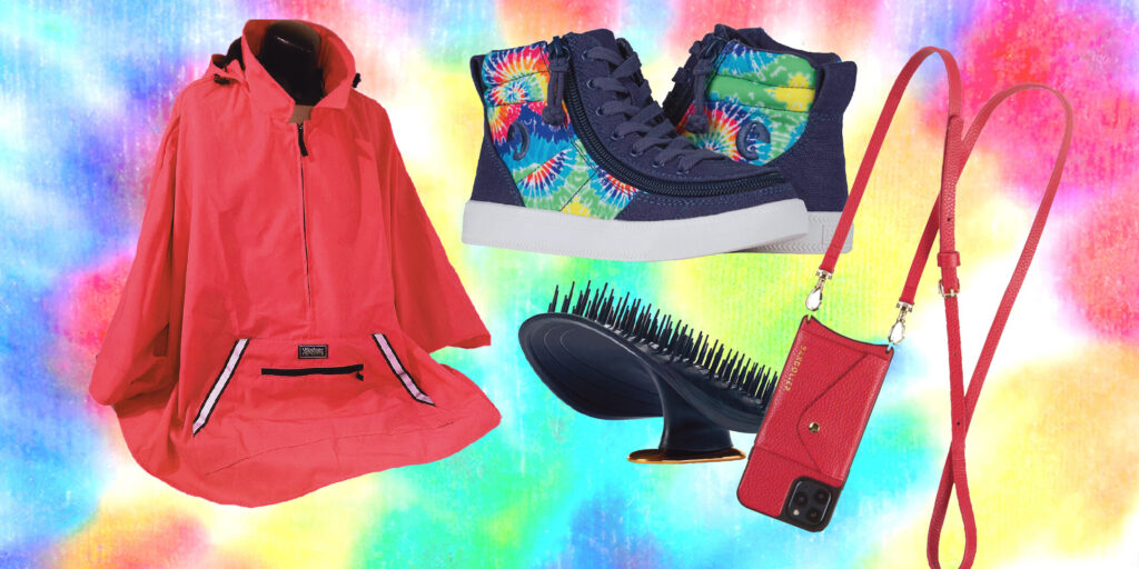 Adaptive products: A red KoolKape poncho, tie dye Billy Footwear high-top sneakers, black Manta Healthy Hairbrush, and red Bandolier Crossbody phone case.