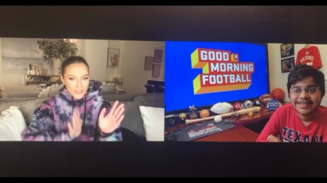 Screenshot of split screen video chat with Good Morning Football's Kay Adams on left and Maanav on right