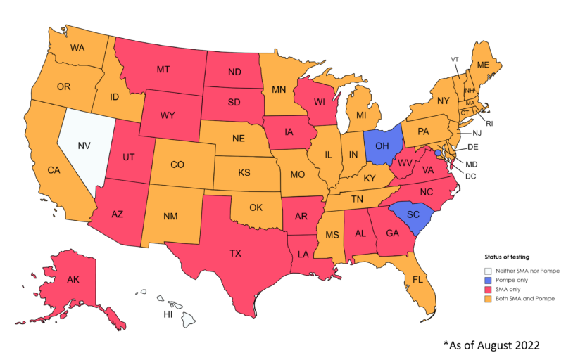 Color coded map depicting which states in the United States have SMA screening, Pompe screening, both, or none as of August 2022.