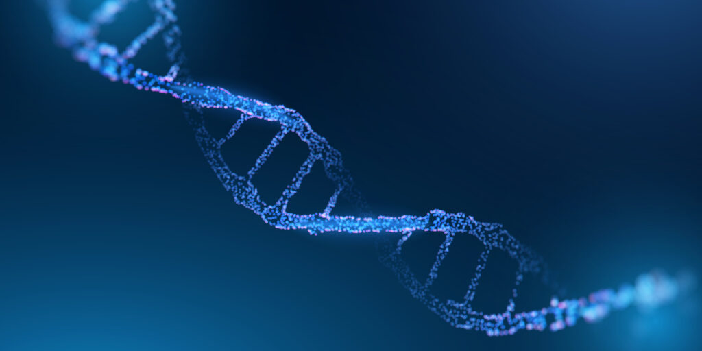 A dark blue background with a light blue image of the DNA double helix