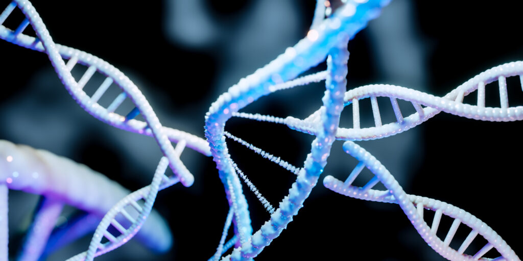 Blue double helix DNA strands against black background