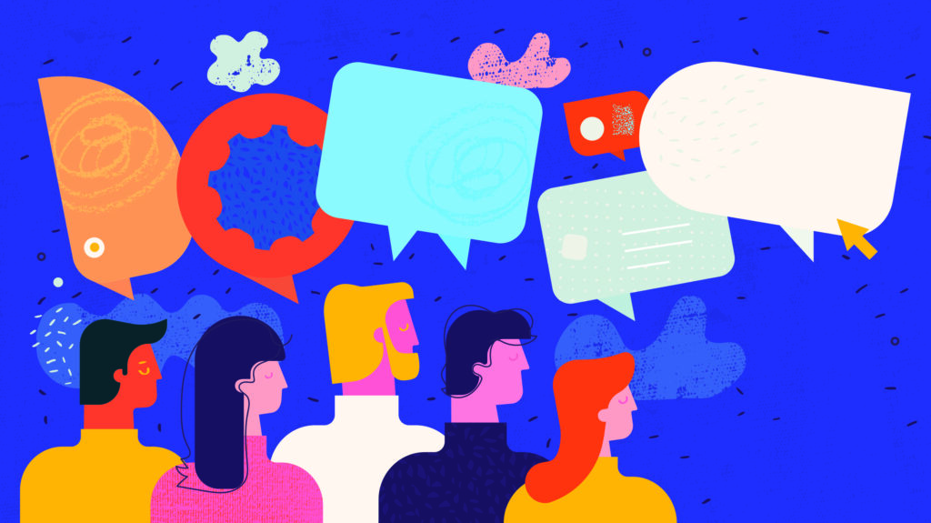 Colorful illustration of people on a blue background with speech bubbles above their heads.