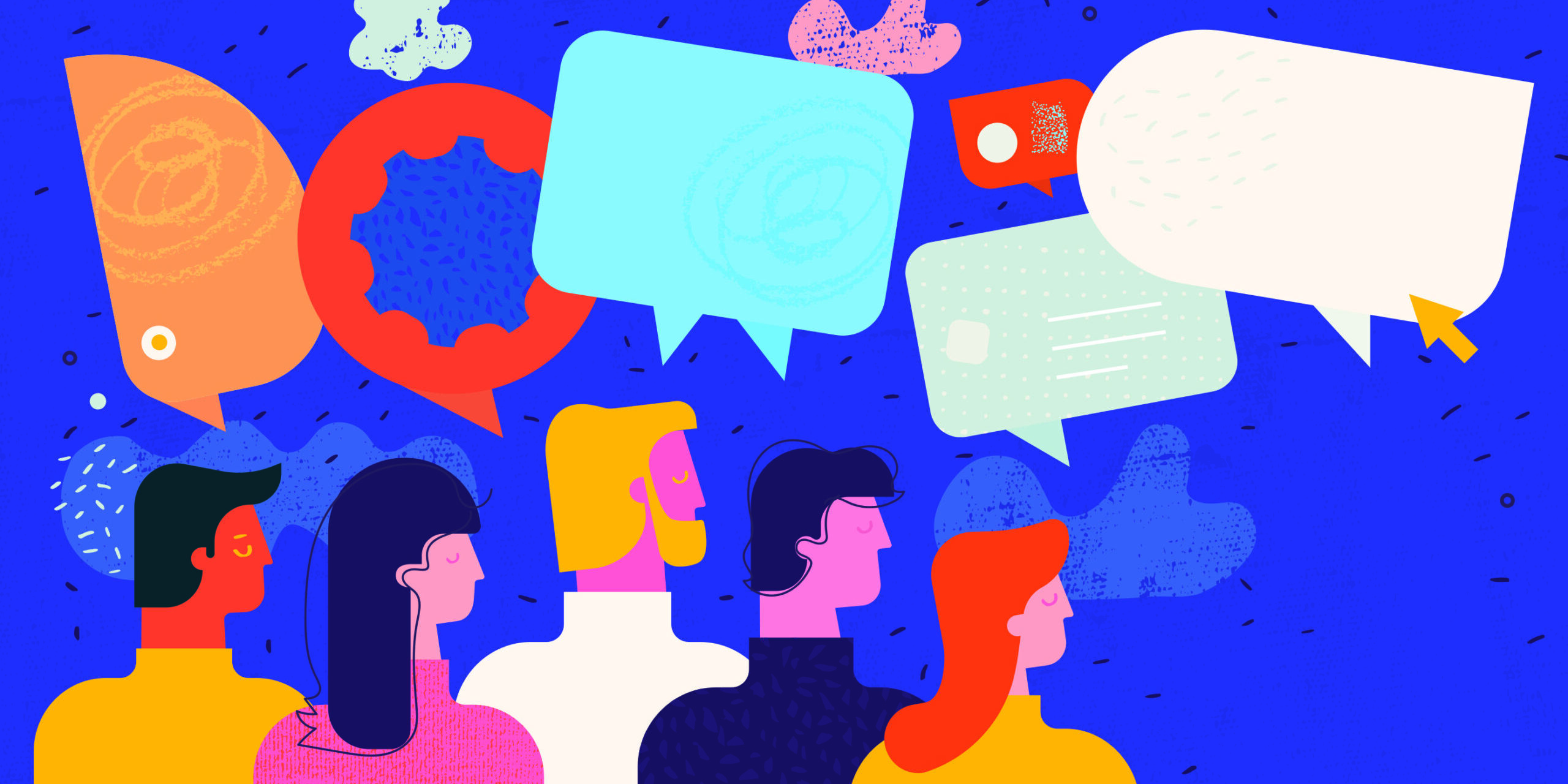 Colorful illustration of people on a blue background with speech bubbles above their heads.