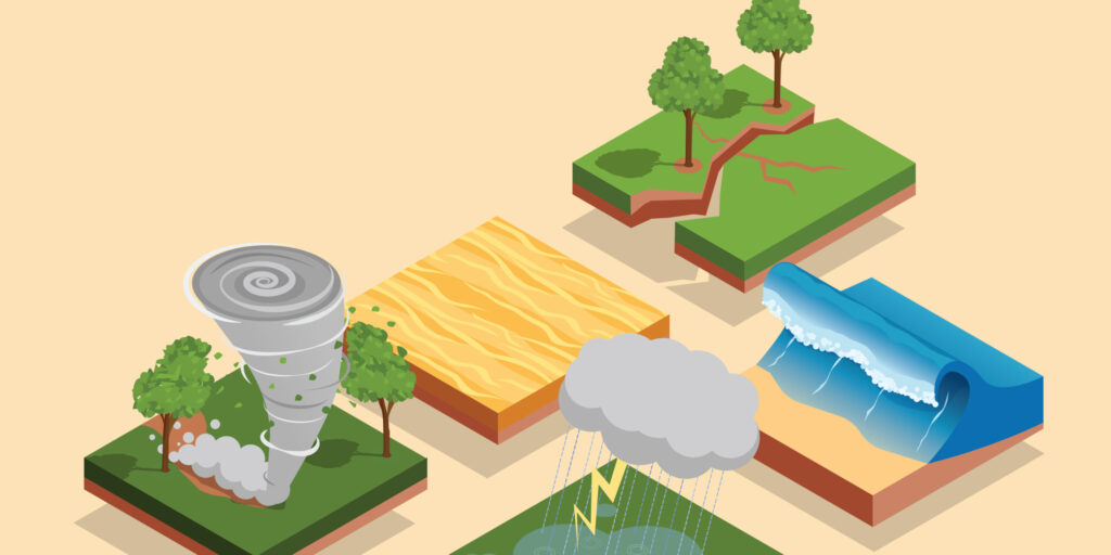 Illustration of five square tiles representing natural disasters: tornado, draught, earthquake, thunderstorm, and tsunami wave.