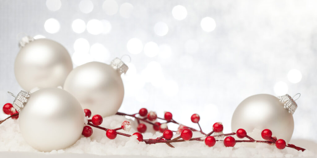 Close-up of four white Christmas ball ornaments and a red cranberry branch resting on a bed of snow.