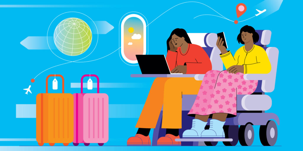 Colorful clipart of two females seated side-by-side in an airplane in the air. One is shown in a regular airline passenger seat, leaning over a laptop on the tray in front of her. The other, seated in a power wheelchair, is looking at her cell phone. One orange luggage case and one pink luggage case are nearby.