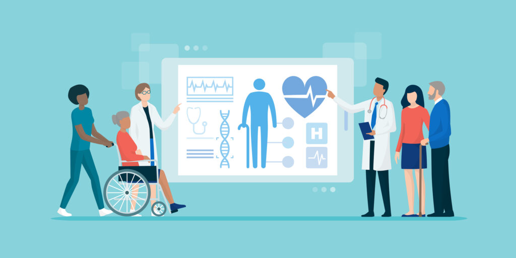 illustration of medical team and patients looking at large chart of medical statistics and numbers