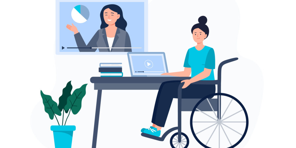 A woman in the wheelchair watches video lessons. Online education, e-learning, studying at home. Vector flat illustration.