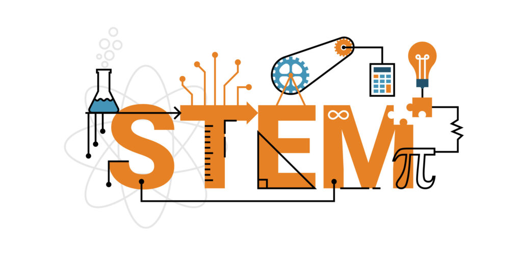 Illustration of STEM education word typography design in orange theme with icon ornament elements