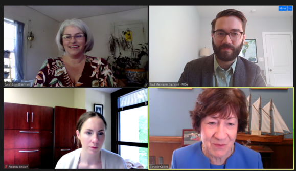 Screenshot of Senator Susan Collins meeting online with MDA staff and advocates.