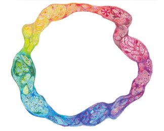 “Molecular Ouroboros: Snake Eating It’s Own Tail” by Holly Goodwin. An illustration of a rainbow colored ouroboros with molecular cells woven into the drawing. 