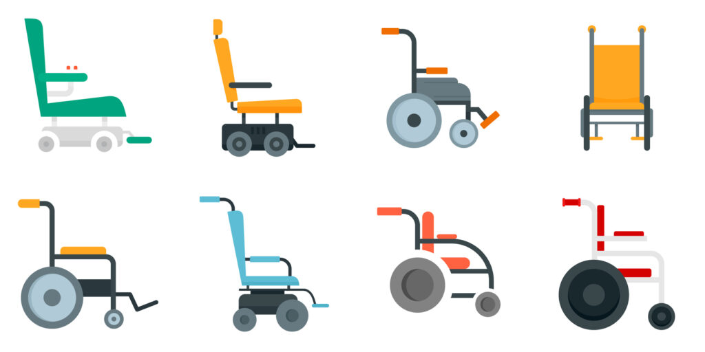 Flat set of colored wheelchair vector icons isolated on white background