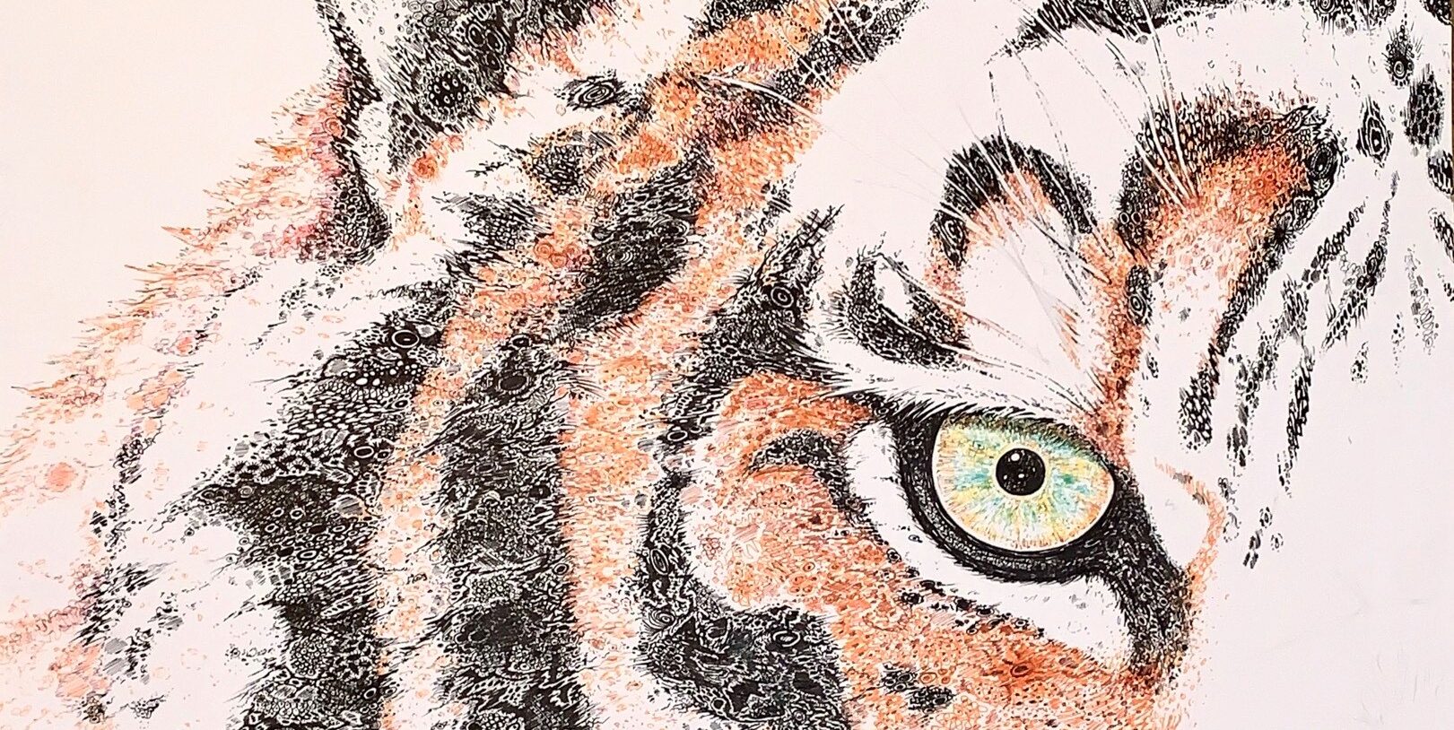 Cropped image of "Molecular Tiger" by Holly Goodwin. An illustration of half of a tiger's face with molecular shapes woven into the drawing.
