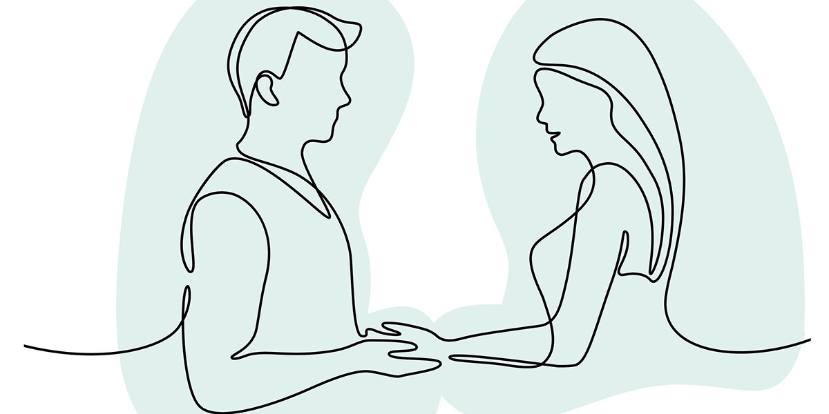 Illustration of a man and woman holding hands and looking at each other in black outline with green overlay.