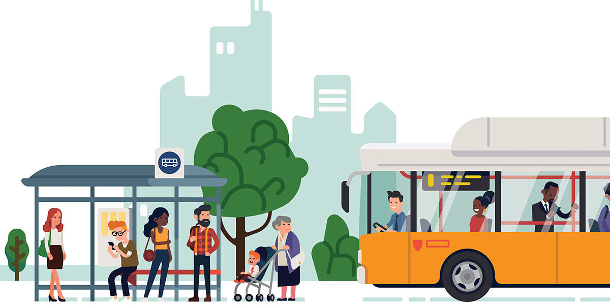 Illustration of various types of people gathered at a bus stop. A yellow bus approaches with a smiling bus driver and seated and standing passengers.