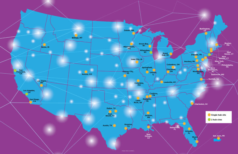 Map of the continental United States and Puerto Rico. Yellow dots represent cities with one MOVR site. Green dots represent cities with two MOVR sites.