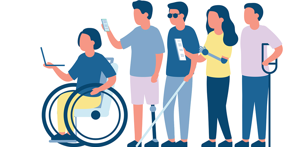 Illustration of a group of people using different physical accommodations, including a wheelchair, prosthetic limbs, and crutches.