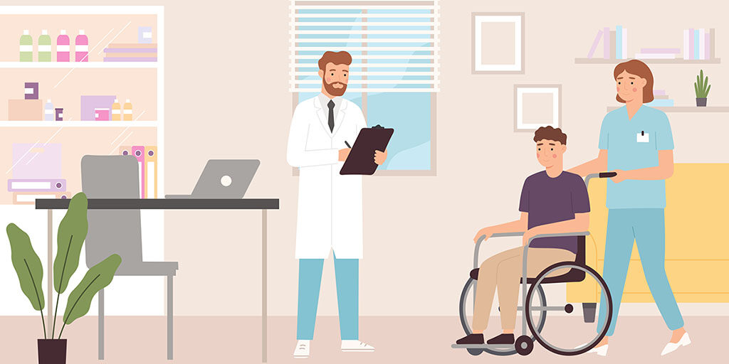 Illustration of a medical office, with a man in a white lab coat standing holding a clipboard, a man sitting in a wheelchair, and a woman in scrubs pushing the wheelchair.