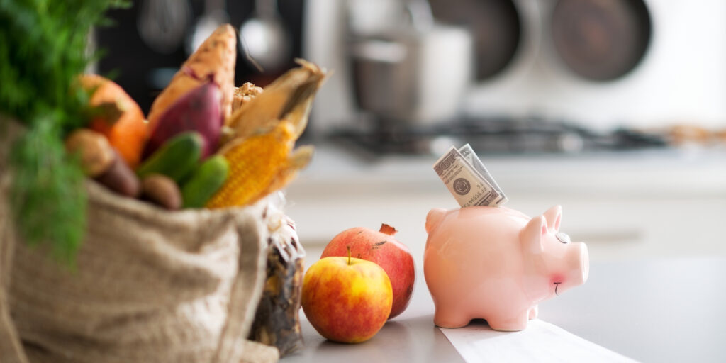 Closeup on money in piggy bank and purchases from grocery store on table