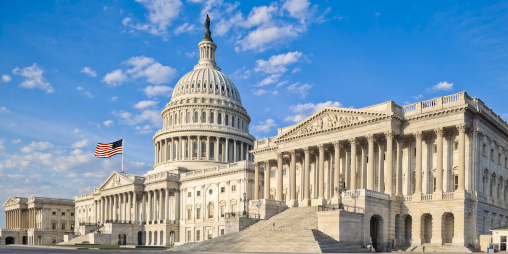 The east side of the US Capitol in the early morning. Senate Chamber in foreground.