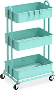 A teal rolling storage cart