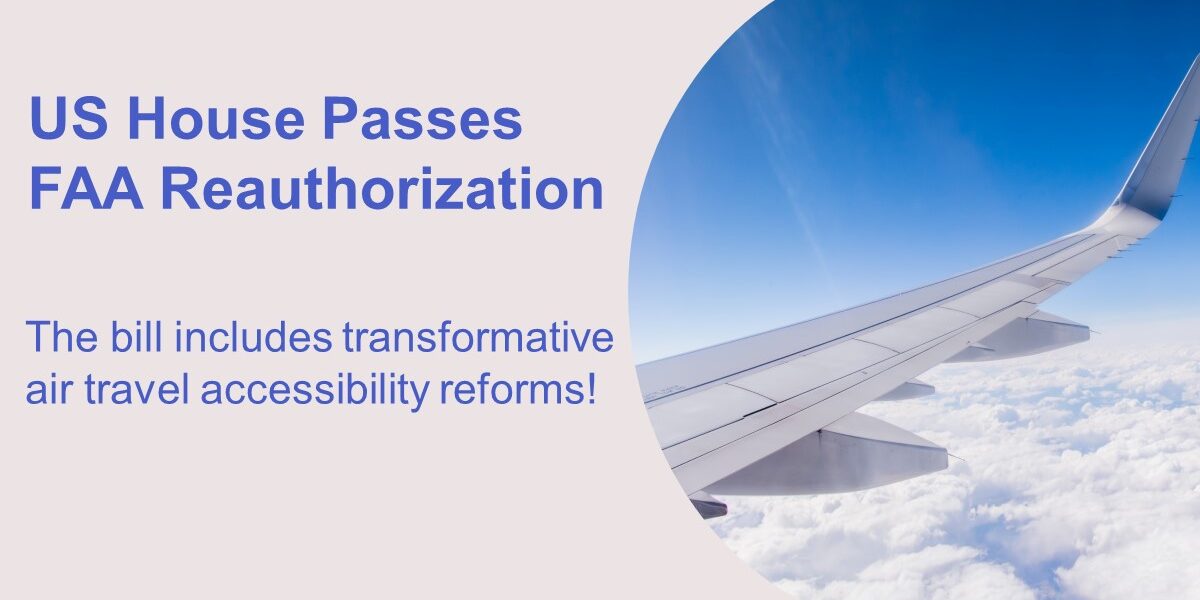 Image of an airplane wing with words to left that read: US House Passes FAA Reauthorization