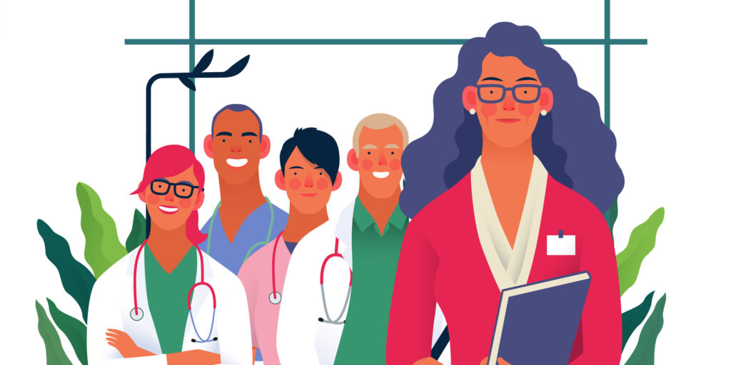 Modern flat vector concept digital illustration - a female support specialist with a team of doctos concept, medical office or laboratory