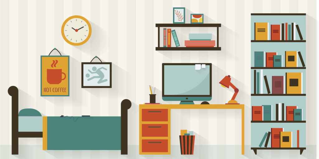 Flat style vector illustration of a dorm room interior with bed, desk, bookshelf, and decor.