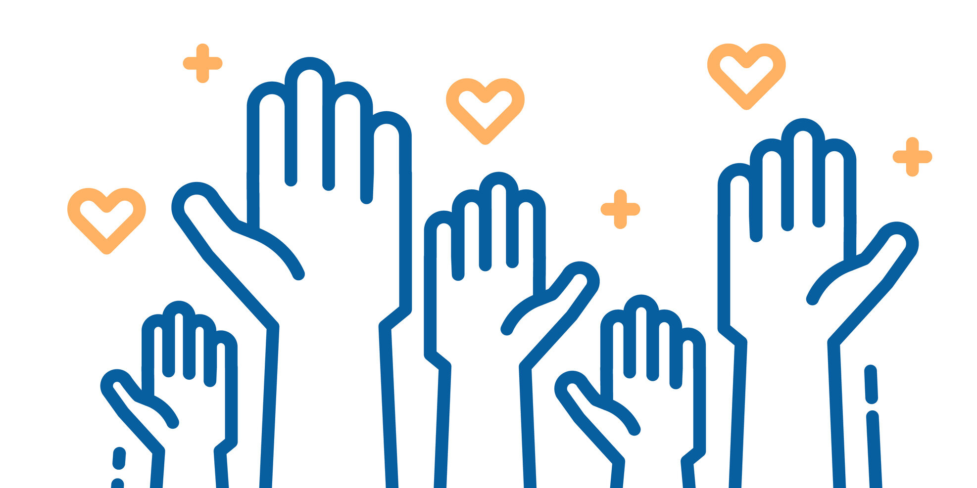 Raised helping hands. Vector thin line icon illustrations with a crowd of people ready and available to help and contribute.
