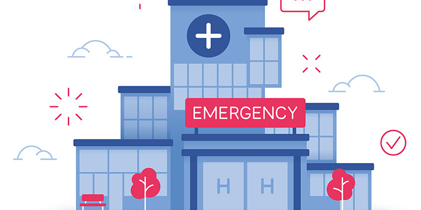 Blue and red graphic design of an inviting hospital emergency room.