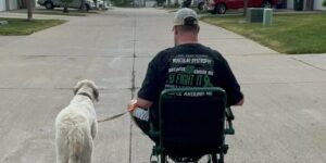 man in wheelchair with service dog
