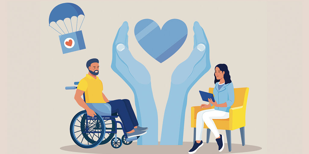 Graphic design with a male in a yellow shirt and blue pants sitting in a wheelchair talking to a female with a notepad in her hand separated by two large hands creating a heart.