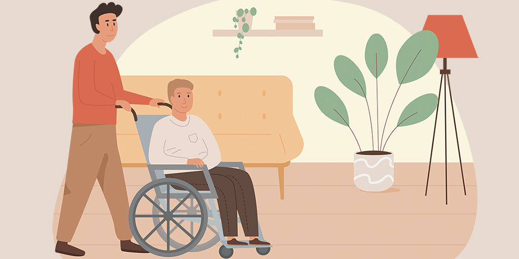 A drawing of a man pushing another man in a wheelchair. A couch, plant, and a lamp are in the background.