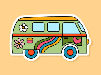 Vector Retro Hippie Van sticker isolated on yellow background. 70s style cartoon camper