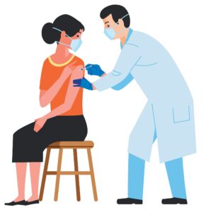 Graphic of a woman seated on a bench receiving a shot in the arm by a man in a lab coat. Both are wearing masks.