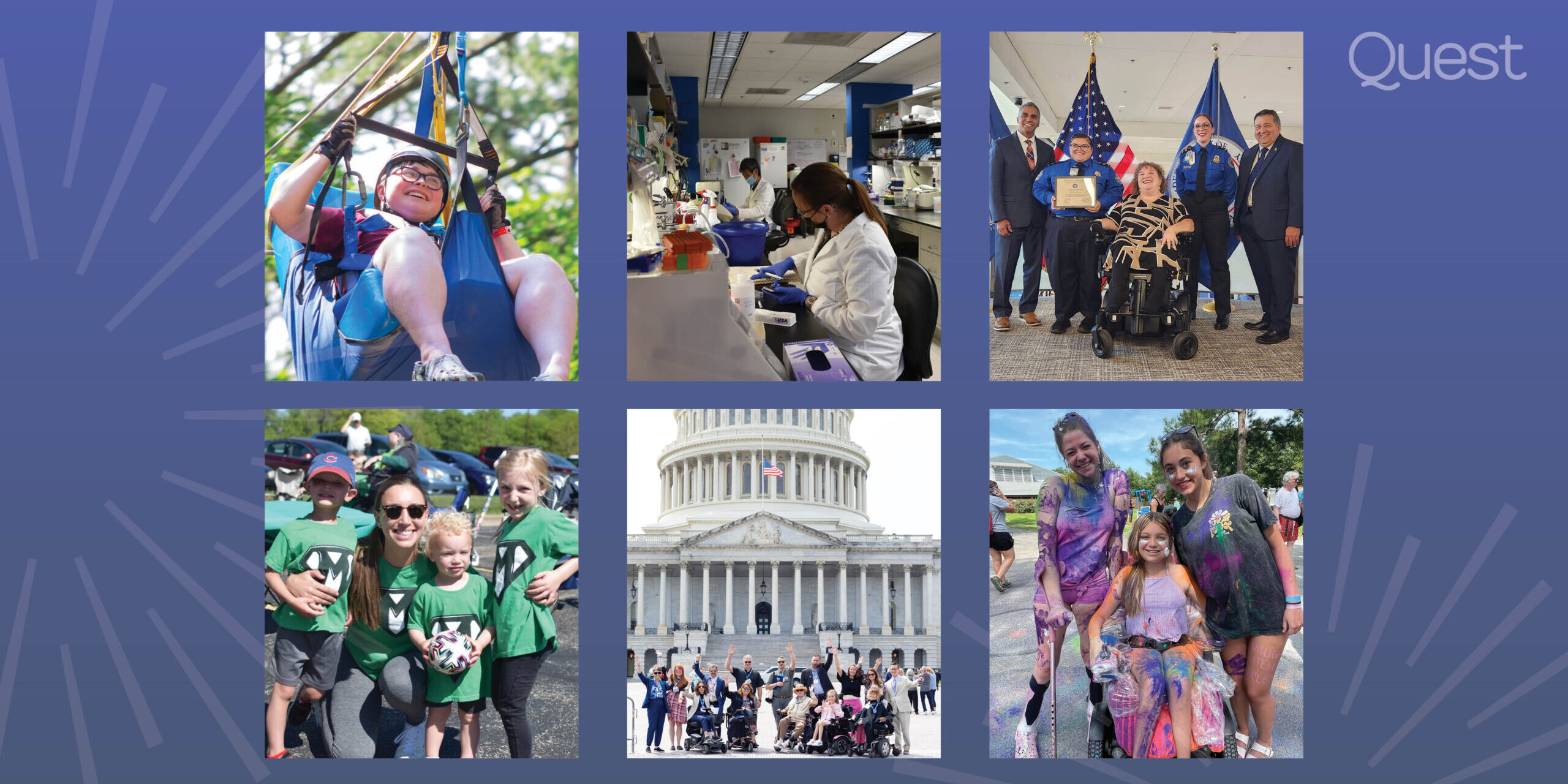 Collage image with six photos of various MDA events and supported research