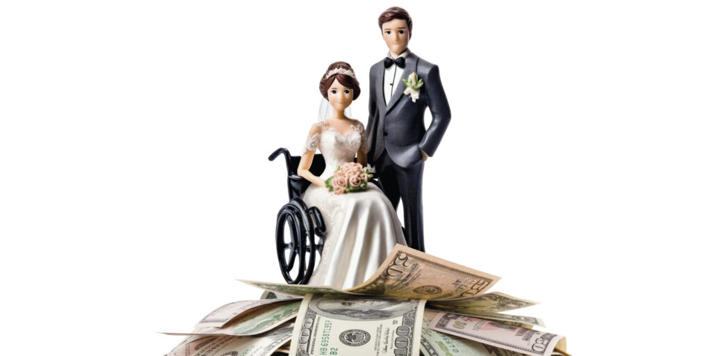 A mound of cash is topped by a bride and groom wedding cake topper with the bride sitting in a wheelchair.