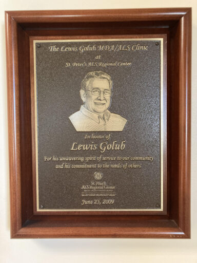 A plaque commemorating the life of Lewis Golub at the Lewis Golub MDA ALS Clinic
