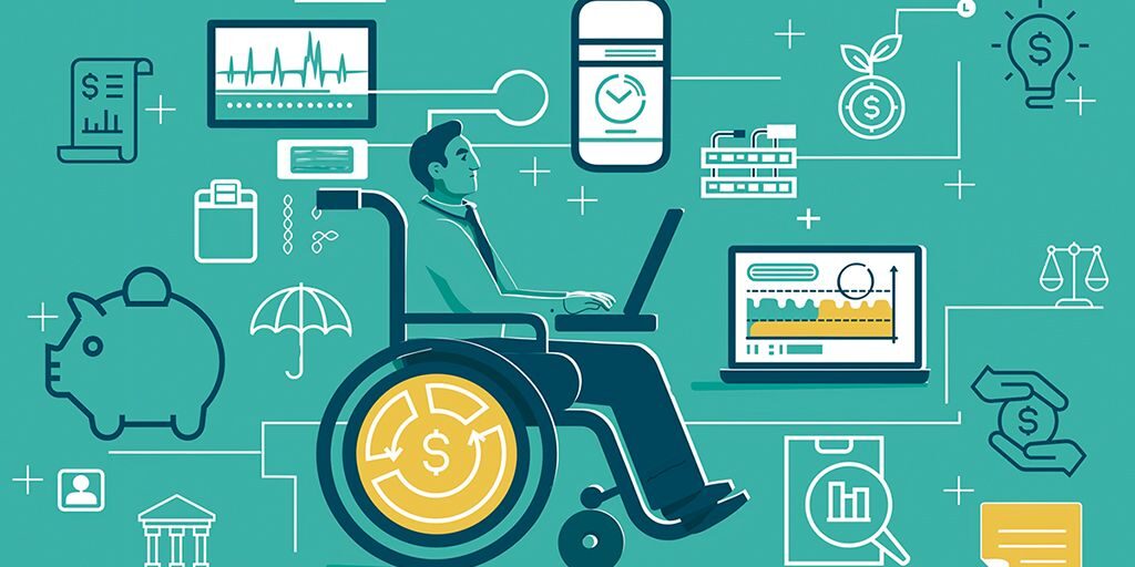 Illustration of a man in a wheelchair with his hands on a laptop computer. He is surrounded by icons related to finance, such as a dollar symbol, a piggy bank, a coin, and a stock market chart.