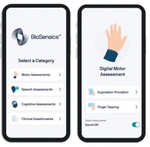 Two smartphone screenshots showing a menu of digital assessment types and the home screen for a Digital Motor Assessment.
