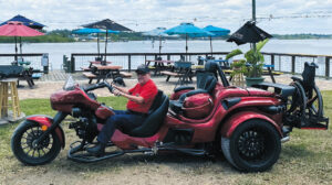 Ed Linde’s three-wheel motorcycle allows easy transfer from his wheelchair.