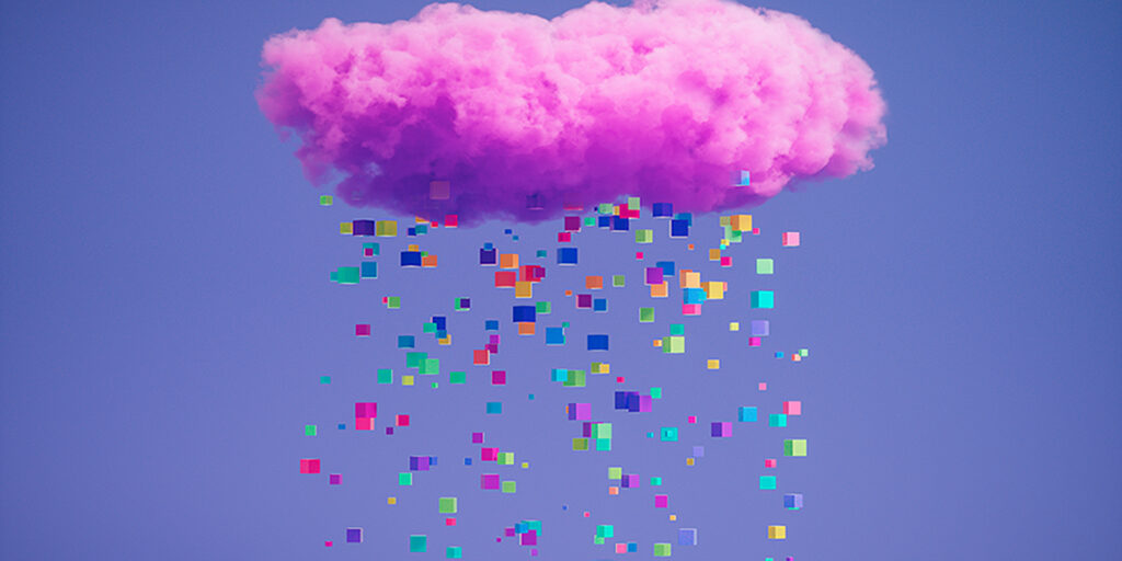 Computer illustration of a pink cloud raining small colorful blocks