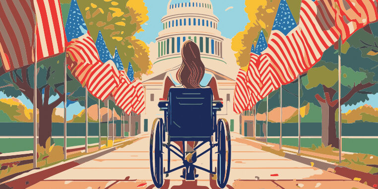 Illustration of a woman in a wheelchair facing the US Capitol building across a plaza lined with American flags.