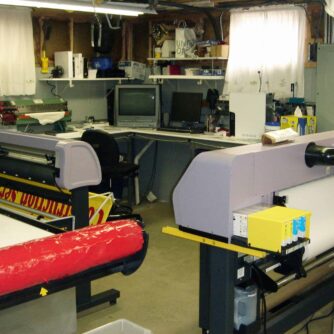 Screen printing equipment in a basement office