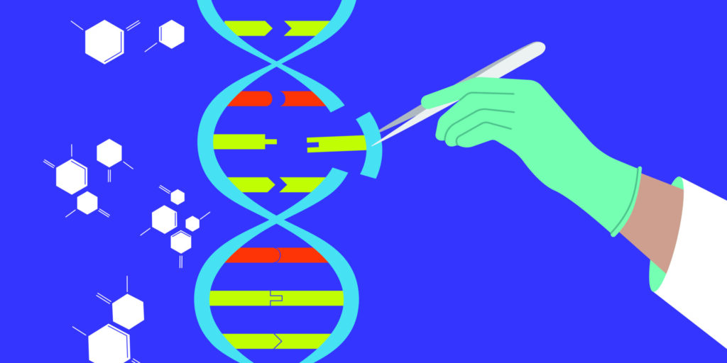 An illustration of a doctor’s arm and hand holding tweezers and manipulating DNA.