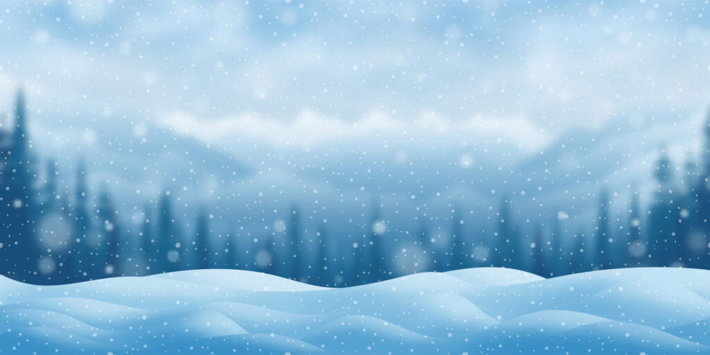 An illustration of a blue, snowy landscape and pine trees.