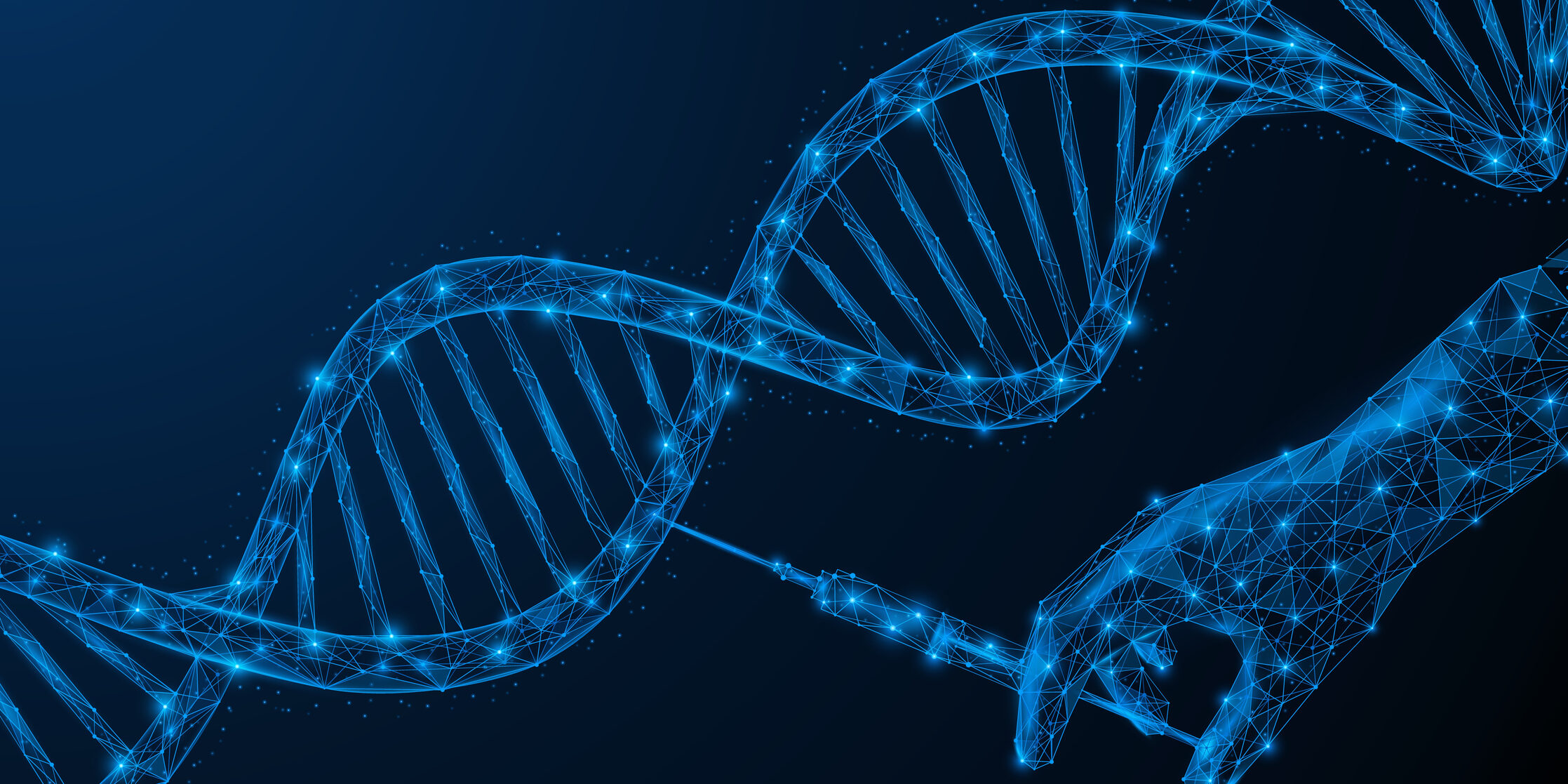 Gene therapy of the DNA cell. Research changes in the genome of a living organism. Low-poly design of a human hand with a syringe and a spiral-shaped chromosome. Blue background.