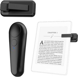 A remote control with two buttons next to an image of a kindle